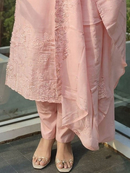 Women Floral Embroidered Cotton Kurta with Trousers & Dupatta