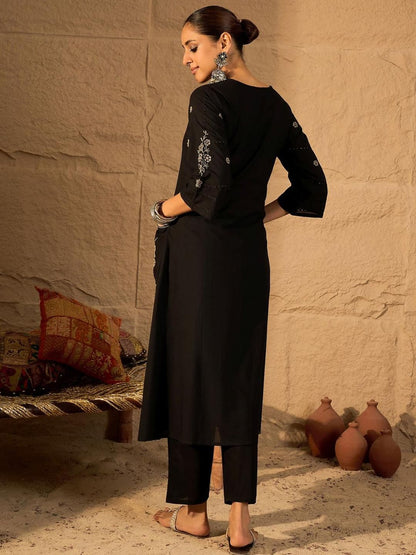 Dhiyona IE Black Embroidered Pure Cotton Round Neck Tunic With Trouser