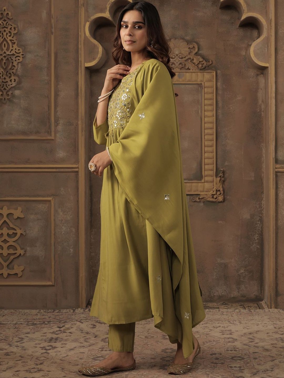 Women Green Silk Blend Ethnic Motifs Empire Mirror Work Kurta Trousers & Dupatta