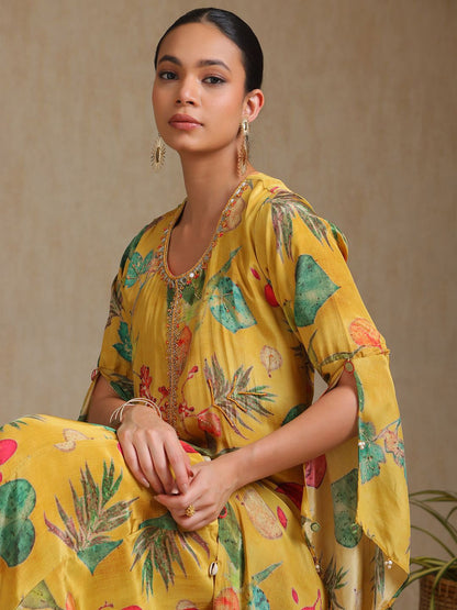 Dhiyona SO Women's Floral Printed Beads And Stones A-Line Kurta With Palazzos
