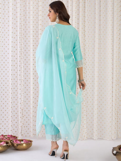 Women Ethnic Motifs Embroidered Regular Thread Work Liva Kurta with Trousers & With Dupatta