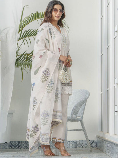 Dhiyona PD Women Floral Printed V-Neck Sequinned Straight Kurta With Trouser & Dupatta