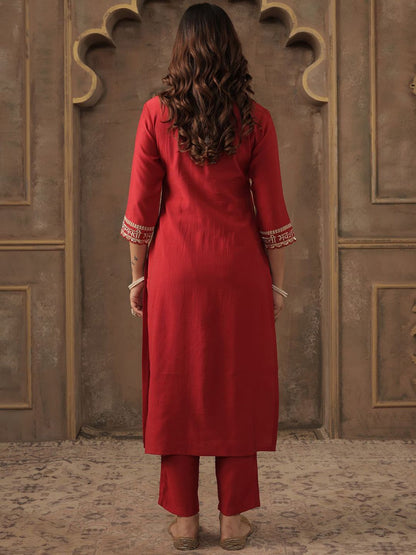 Ethnic Motifs Yoke Design Notch Neck Sequinned Straight Kurta With Trousers