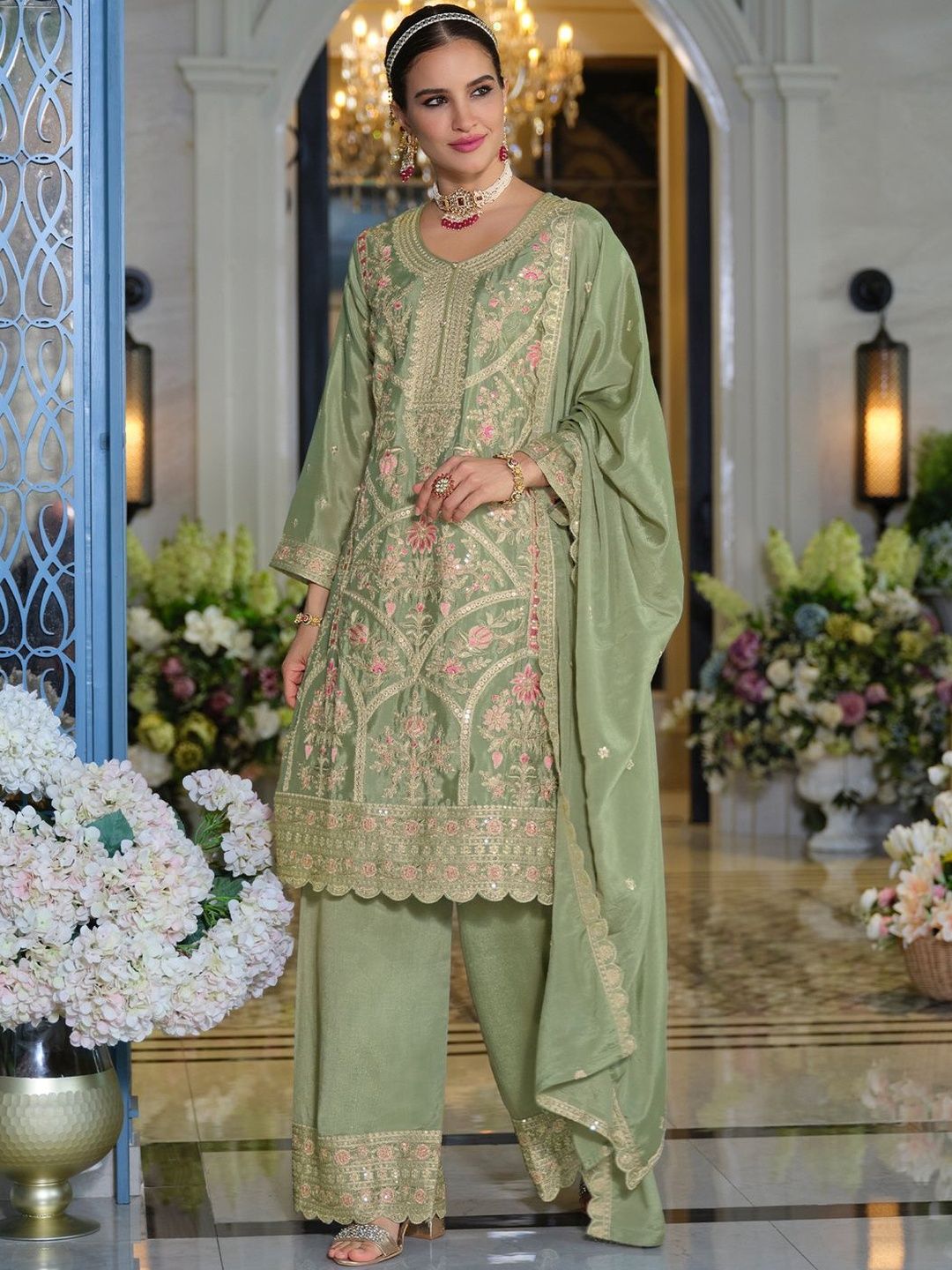 Women Ethnic Motifs Embroidered Kurta with Palazzos & Dupatta