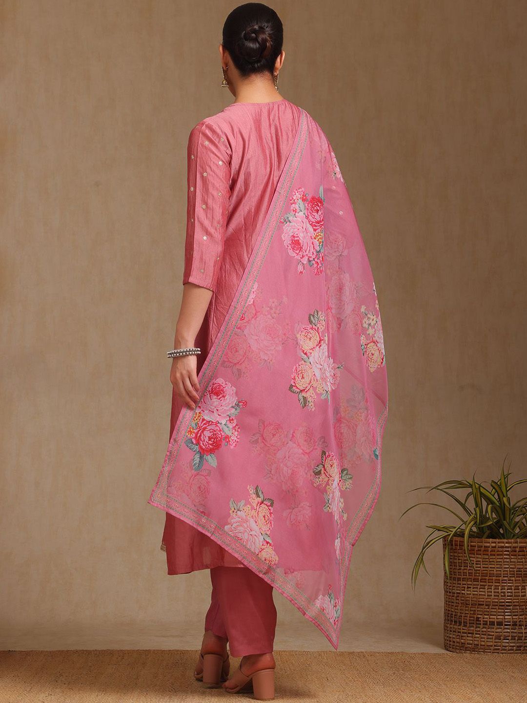 Dhiyona SO Women's Floral Embroidered Round Neck Sequinned A-Line Kurta With Trousers & Dupatta