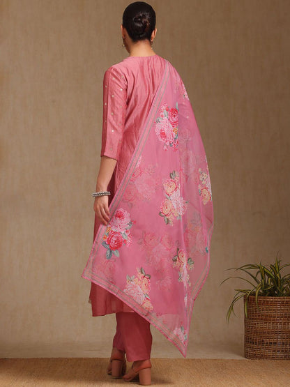 Dhiyona SO Women's Floral Embroidered Round Neck Sequinned A-Line Kurta With Trousers & Dupatta