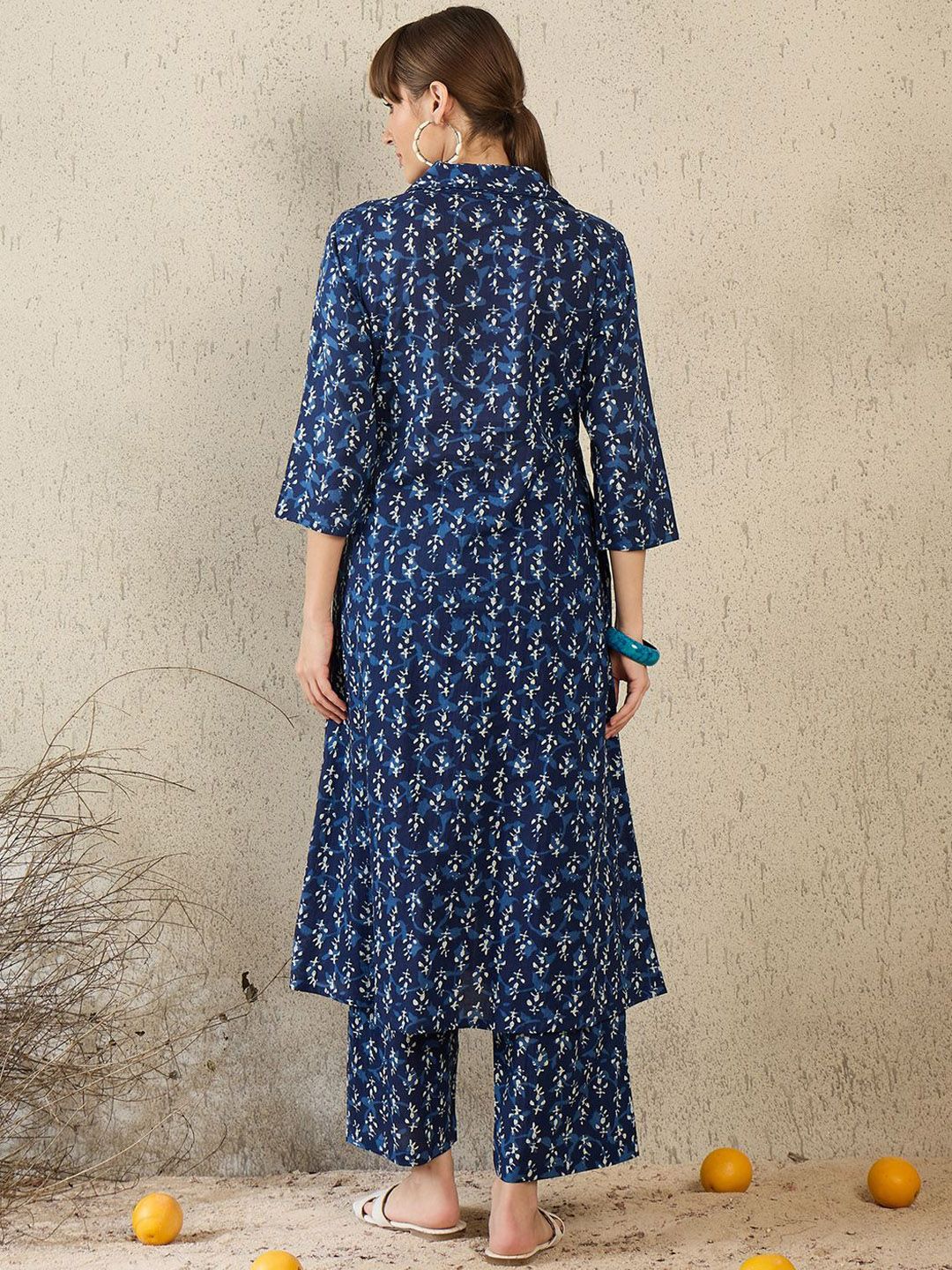 Dhiyona IE Women Printed Shirt Collar Cotton Top and Trousers Co-Ords