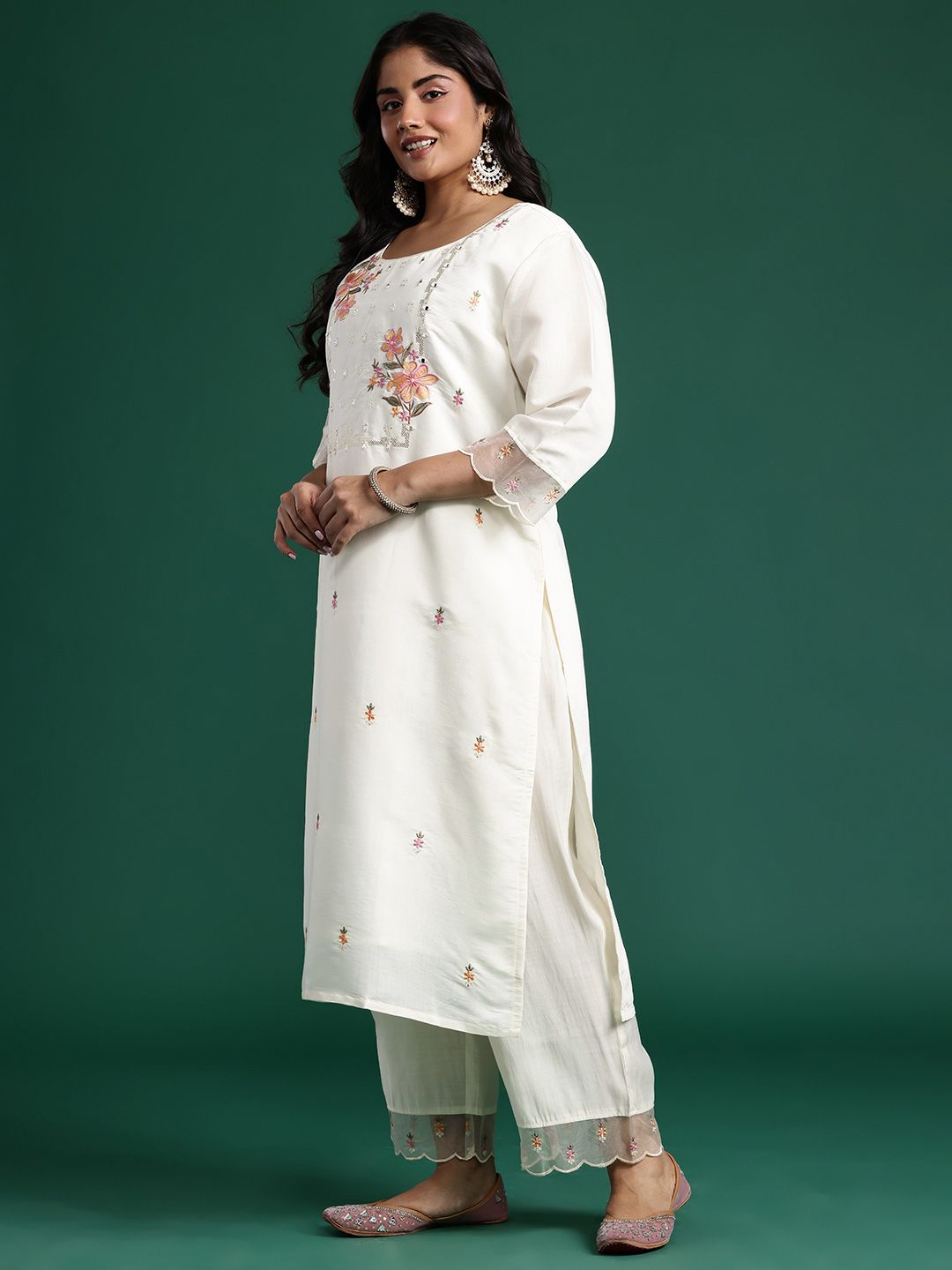 Floral Embroidered Mirror Work Kurta with Palazzos & Dupatta