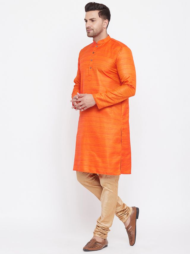Men's Orange Silk Blend Straight Kurta Pyjama Set