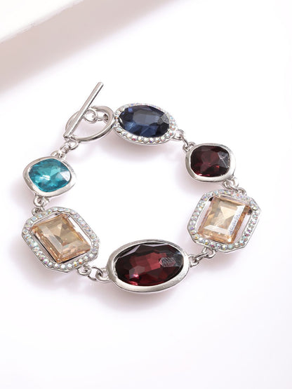 Dhiyona RJ Women's Rhodium-Plated Statement Link Bracelet with Multicolor Cubic Zirconia Gemstones