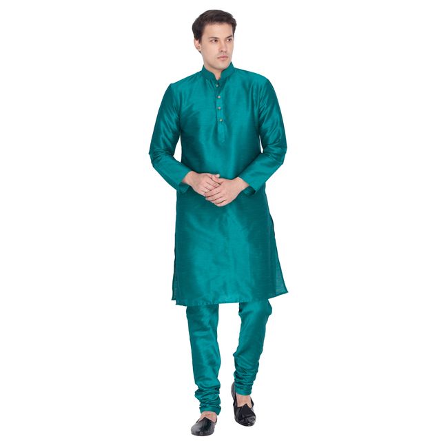 Men's Green Silk Blend Straight Kurta Pyjama Set