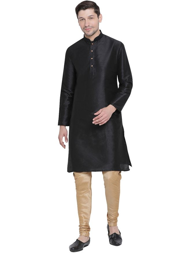 Men's Black Silk Blend Straight Kurta Pyjama Set