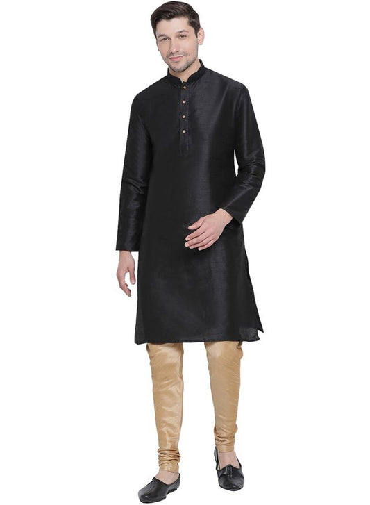 Men's Black Silk Blend Straight Kurta Pyjama Set