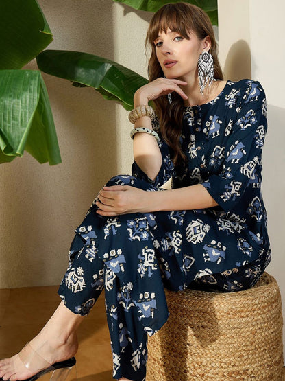 Dhiyona IE Printed Round Neck Tunic With Trouser