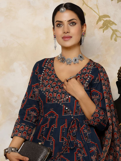 Dhiyona SN Women's Printed Pure Cotton Flared V-Neck Kurta & Palazzo With Dupatta