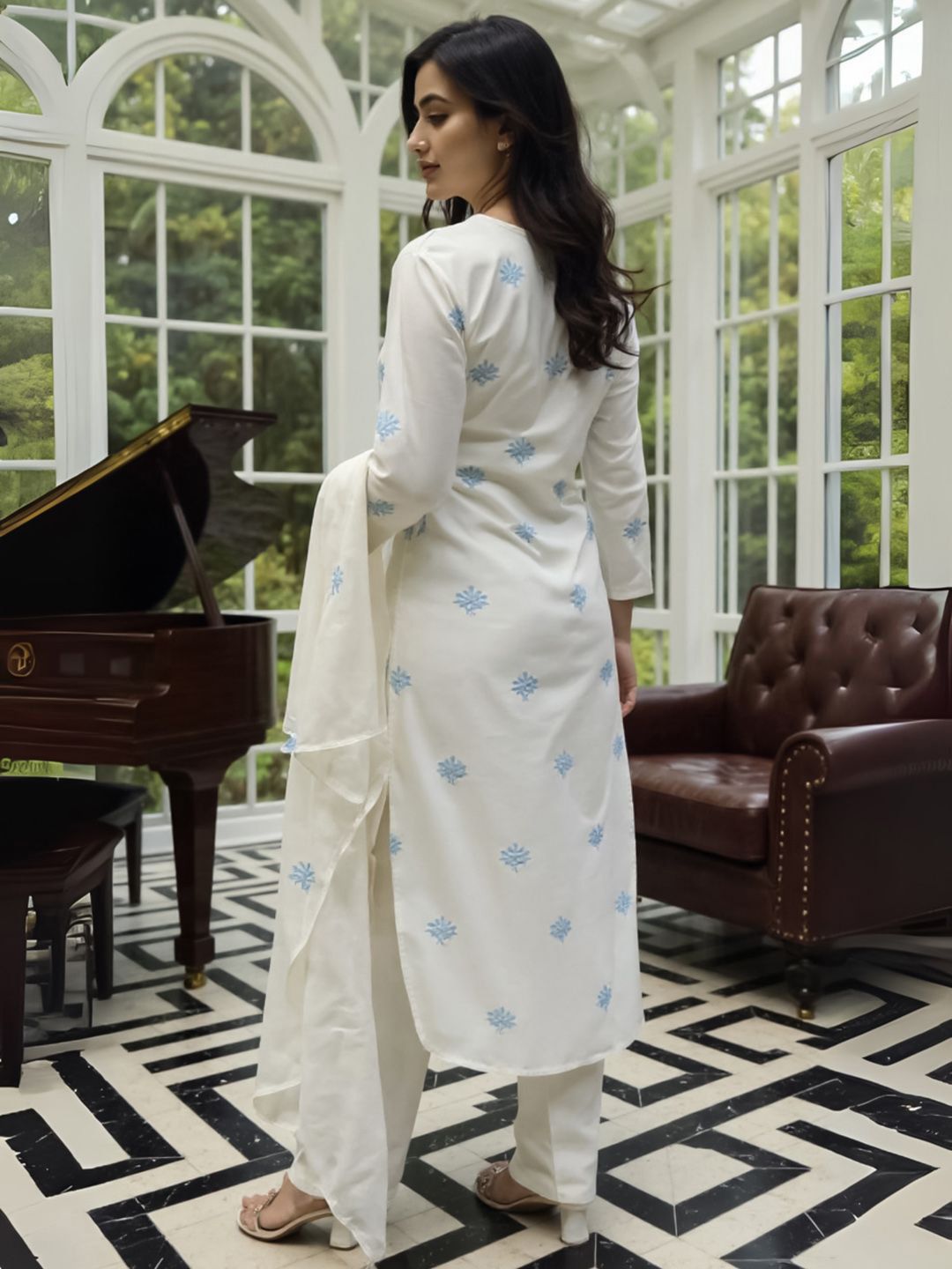 Ethnic Motifs Embroidered Thread Work Pure Cotton Kurta With Trousers & Dupatta