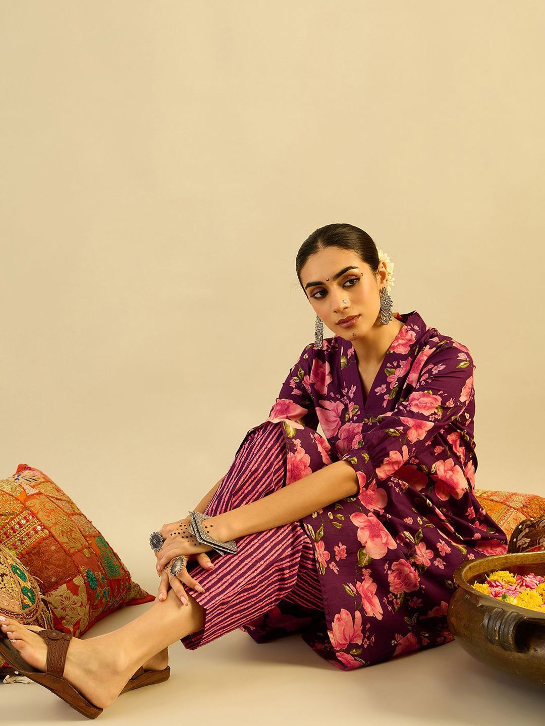 Floral Printed Pure Cotton Kurta With Trousers