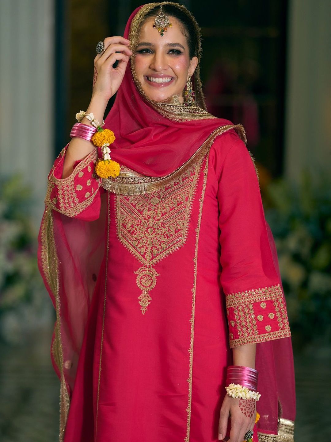 Women Ethnic Motifs Embroidered V-Neck A-Line Kurta with Trousers & Dupatta