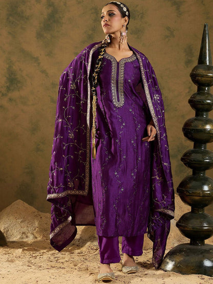 Dhiyona IE Floral Embroidered Sequinned Straight Kurta with Trousers & Dupatta
