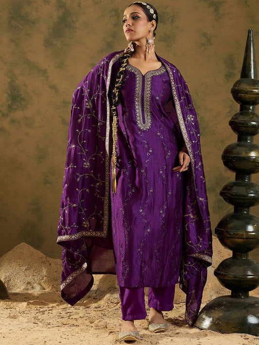 Dhiyona IE Floral Embroidered Sequinned Straight Kurta with Trousers & Dupatta