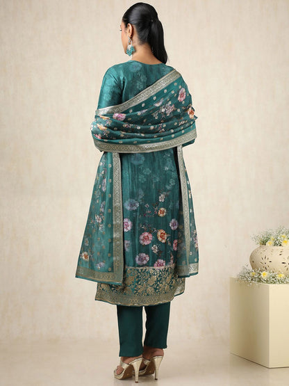 Dhiyona SO Women's Floral Brocade Woven Design Art Silk Straight Kurta With Trousers & Dupatta