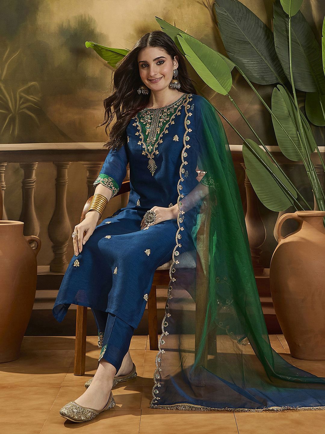 Dhiyona SN Women's Embroidered Sequence Kurta Trousers with Dupatta
