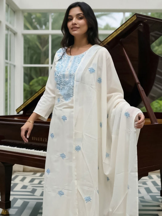 Ethnic Motifs Embroidered Thread Work Pure Cotton Kurta With Trousers & Dupatta