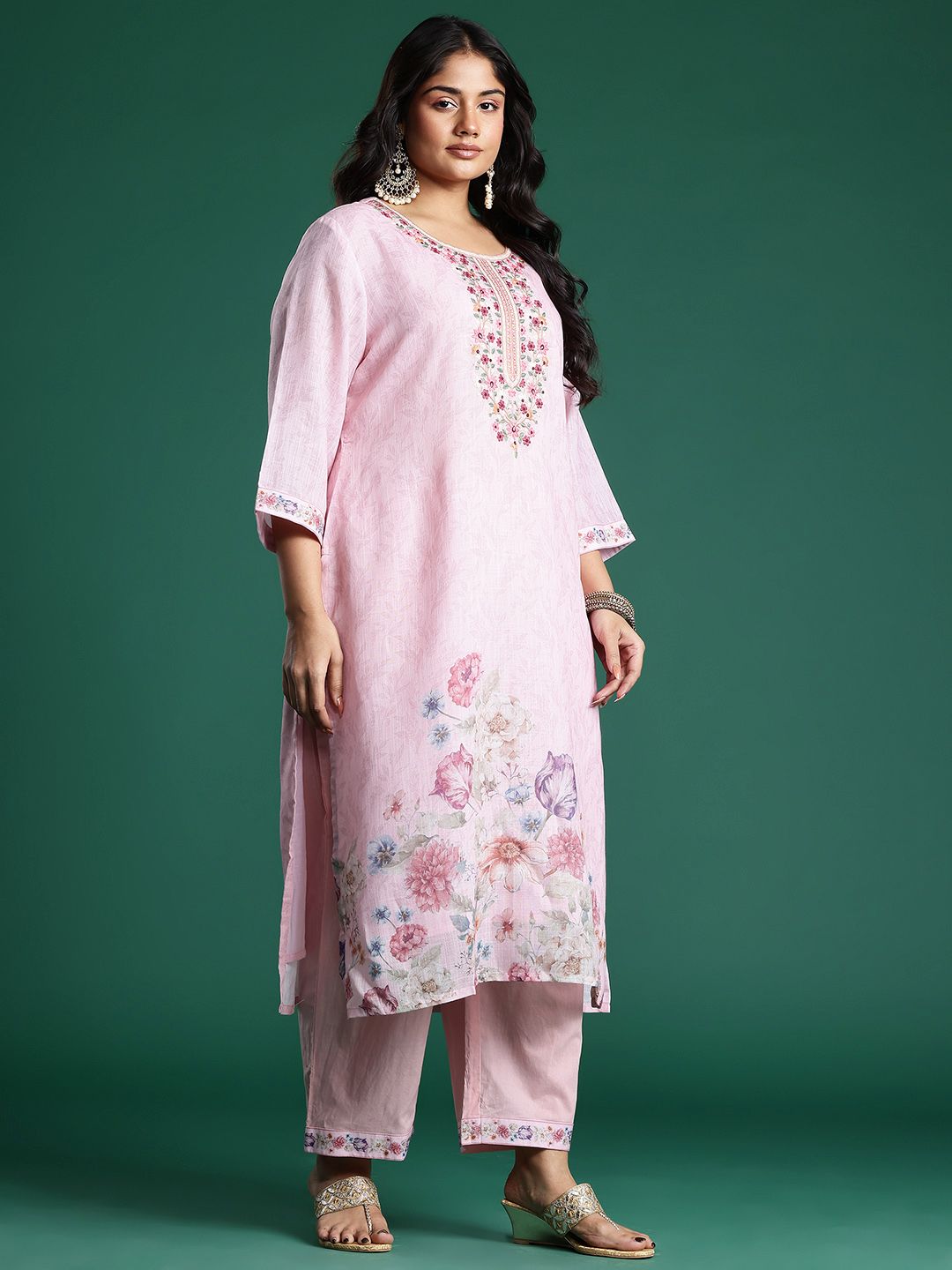 Plus Size Floral Print Thread Work Kurta with Palazzos & Dupatta