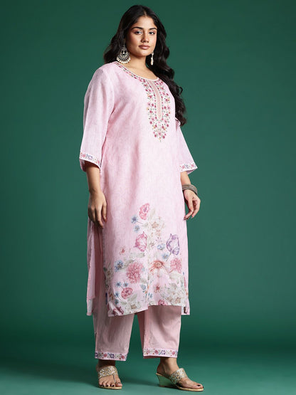 Plus Size Floral Print Thread Work Kurta with Palazzos & Dupatta