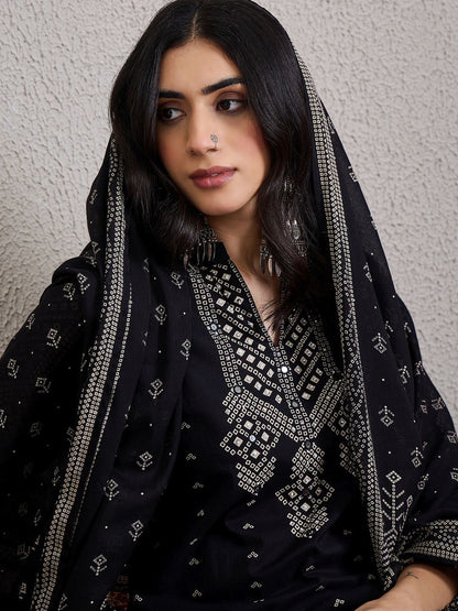 Women Bandhani Printed Cotton Kurta with Trousers & Dupatta