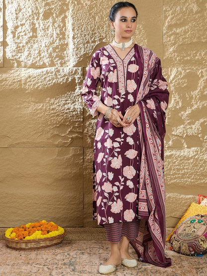 Women Floral Printed Regular Pure Cotton Kurta with Trousers & Dupatta