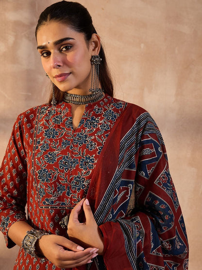 Women Ethnic Motifs Printed Cotton Kurta with Trousers & Dupatta