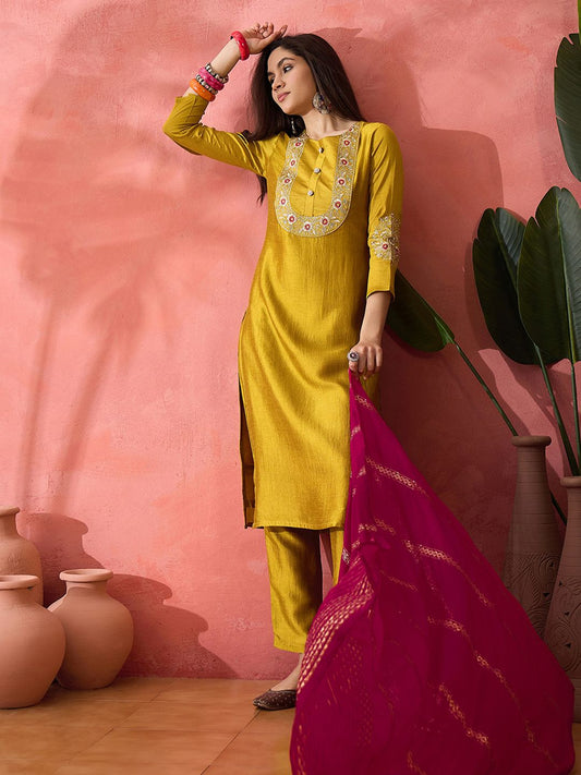 Dhiyona SN Women's Yellow Zari Embroidered Straight Kurta With Trouser And Dupatta