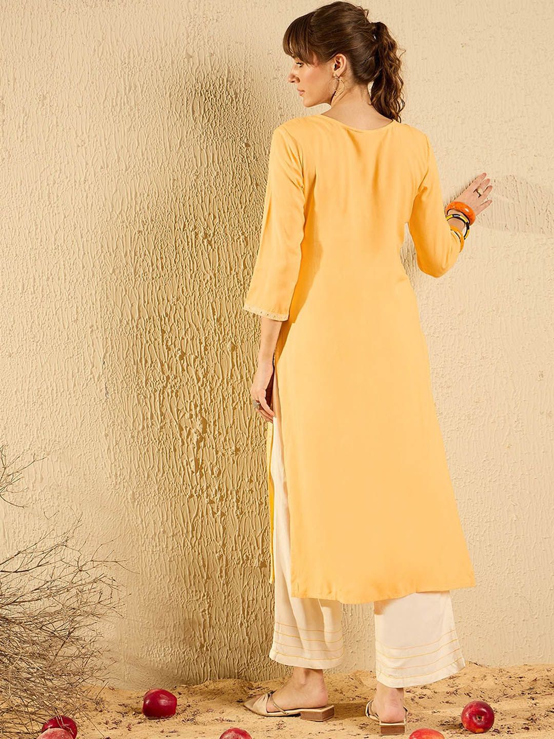 Dhiyona IE Yellow and White Ethnic Motifs Embroidered Thread Work Straight Kurta