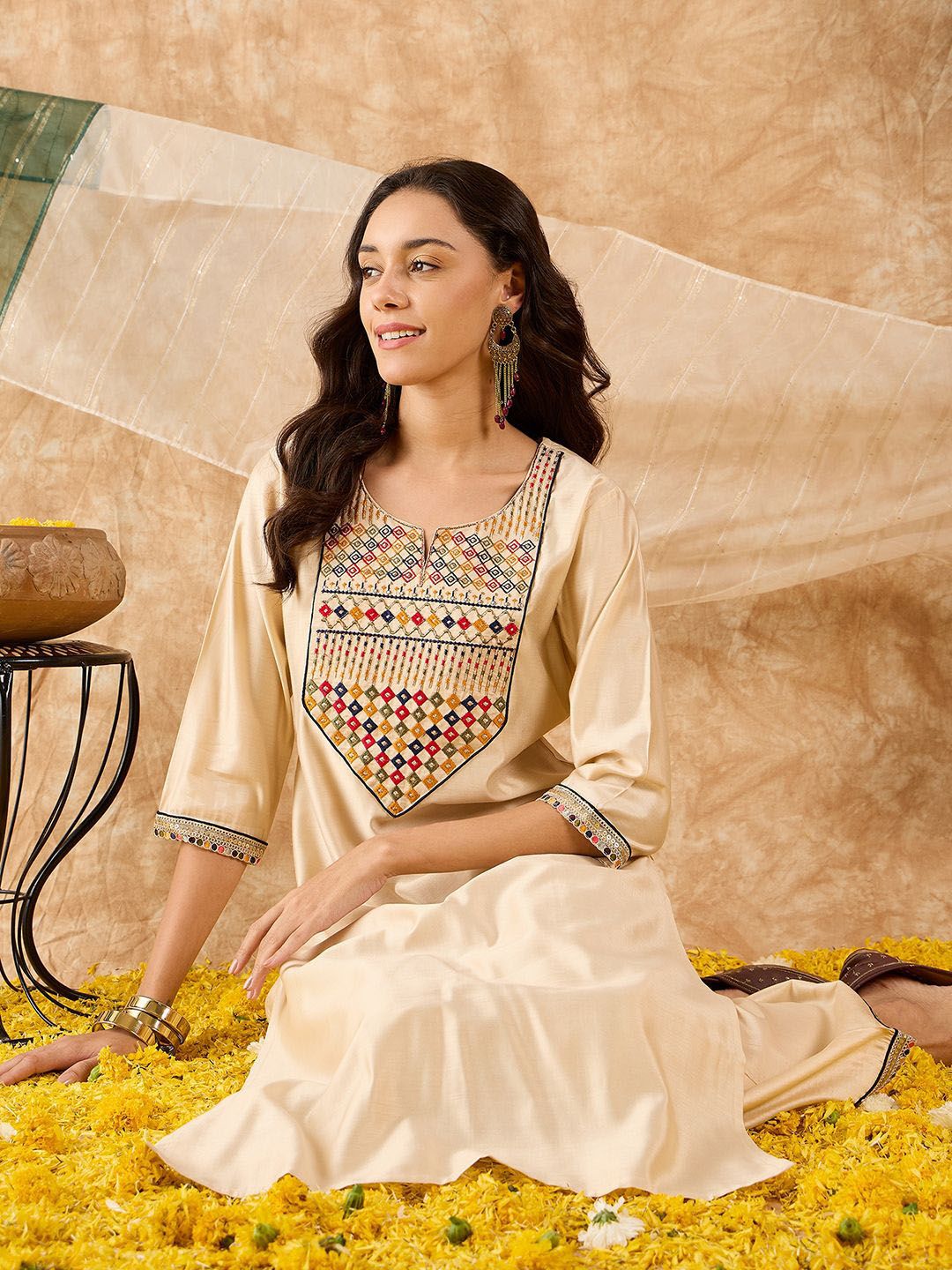 Yoke Design Straight Thread Work Liva Kurta with Palazzos & Dupatta