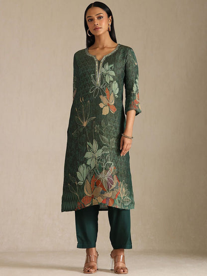Dhiyona SO Women's Women Floral Printed Mirror Work Kurta with Trousers