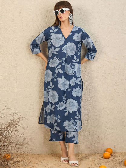 Dhiyona IE Floral Printed Pleated V Neck Straight Kurta With Trousers