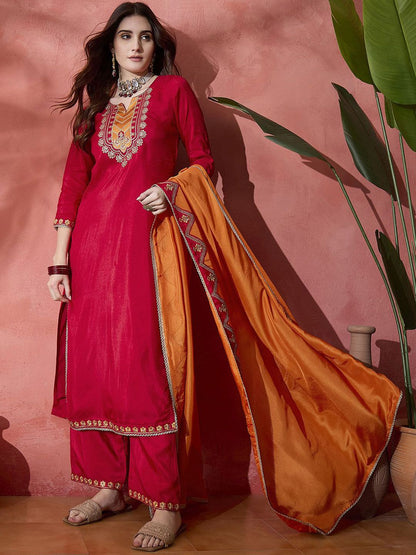 Dhiyona SN Women's Embroidered Sequence Straight Kurta & Trouser With Dupatta