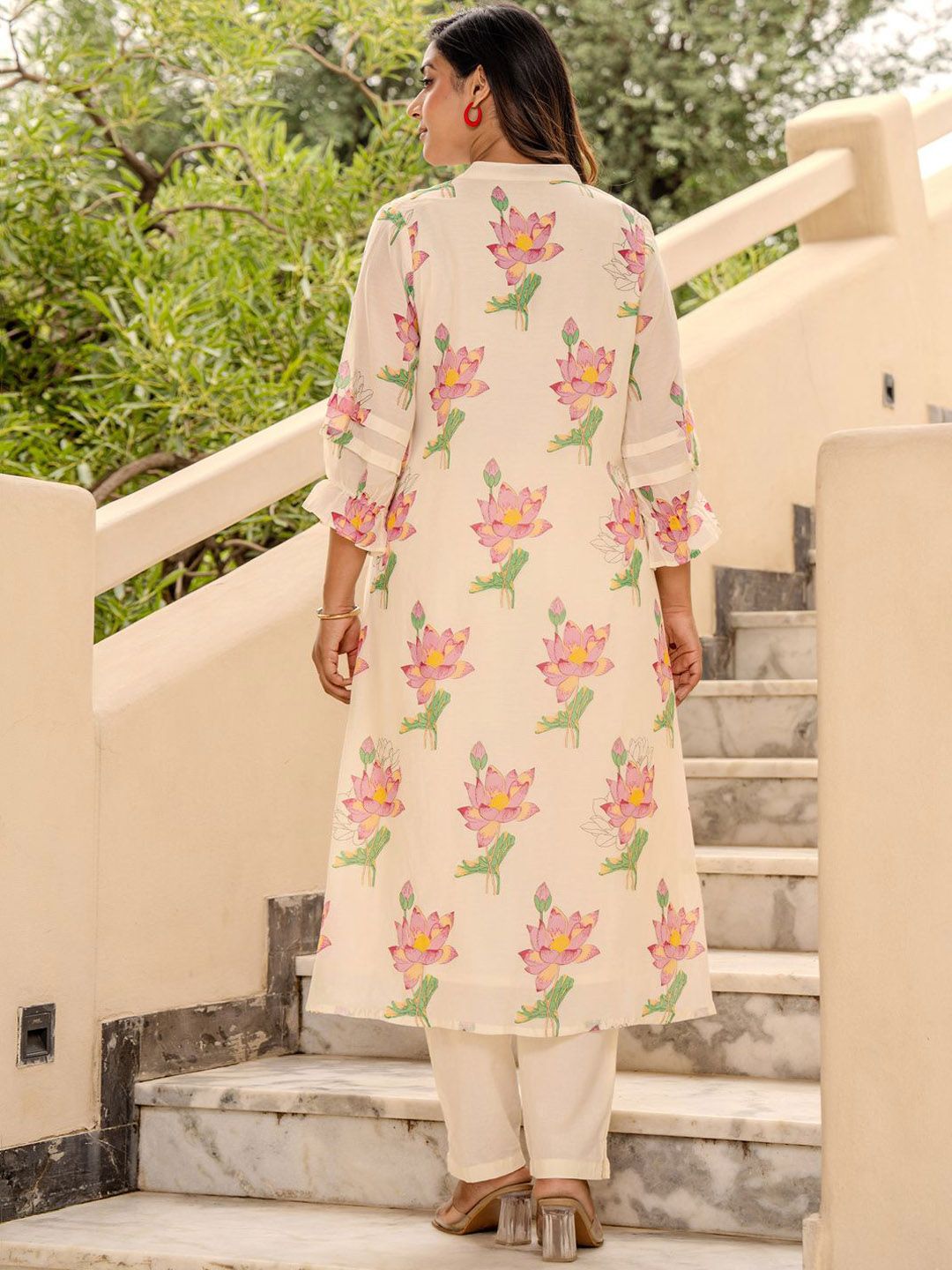 Dhiyona IE Printed Pure Cotton Mandarin Collared Top With Trousers Co-Ords