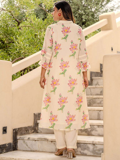 Dhiyona IE Printed Pure Cotton Mandarin Collared Top With Trousers Co-Ords