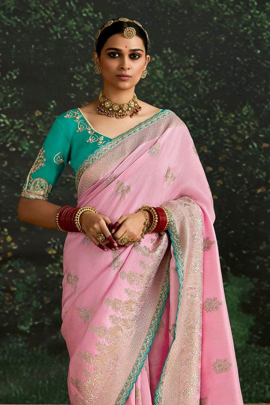 Dhiyona KM Women Pink Banarasi Dola Silk Saree With Golden Zari Work