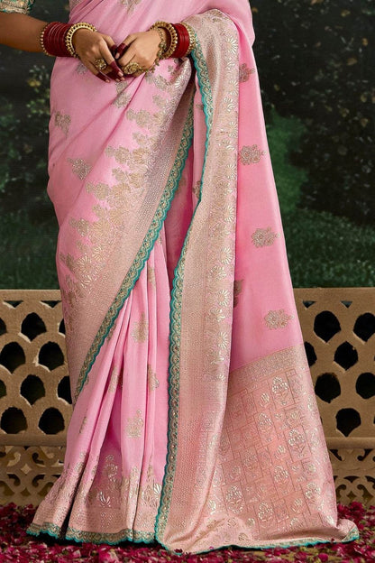 Dhiyona KM Women Pink Banarasi Dola Silk Saree With Golden Zari Work