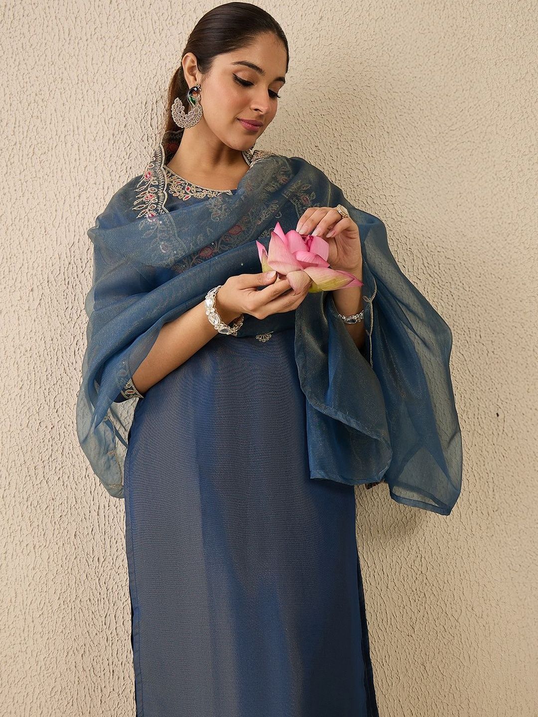 Women Ethnic Motifs Embroidered Regular Liva Kurta with Trousers & Dupatta