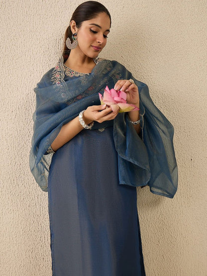 Women Ethnic Motifs Embroidered Regular Liva Kurta with Trousers & Dupatta