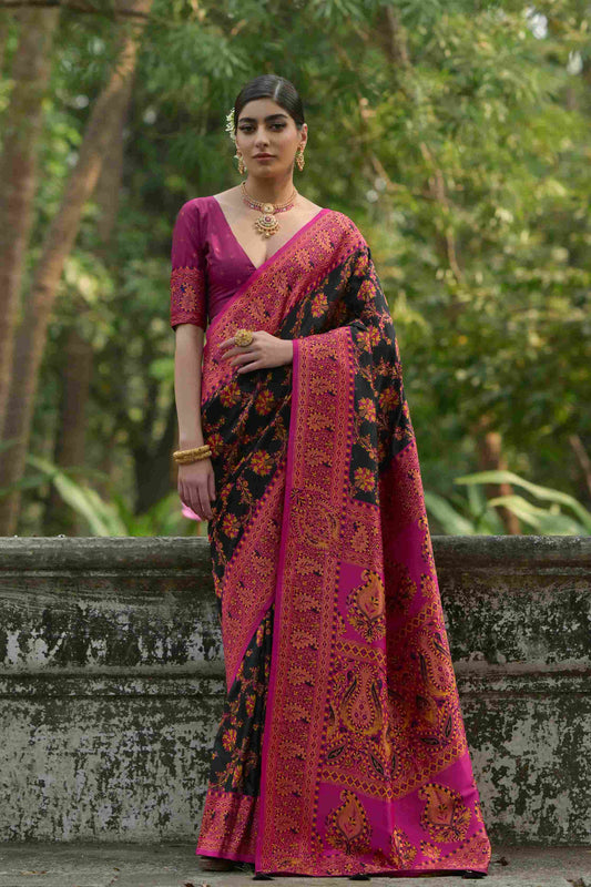 Black Pink Pashmina Silk Saree