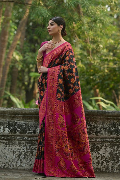 Black Pink Pashmina Silk Saree
