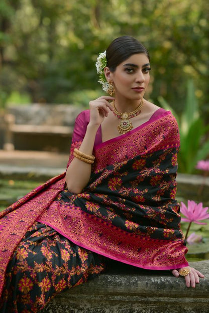 Black Pink Pashmina Silk Saree