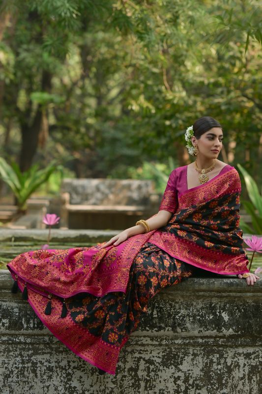 Black Pink Pashmina Silk Saree
