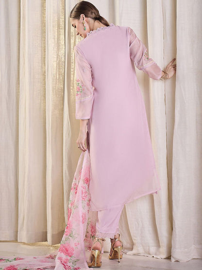 Floral Embroidered Thread Work Kurta With Trousers & Dupatta