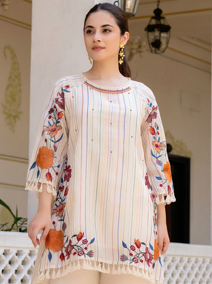 Dhiyona IE Floral Embroidered Round Neck A-Line Pure Cotton Kurta With Palazzos